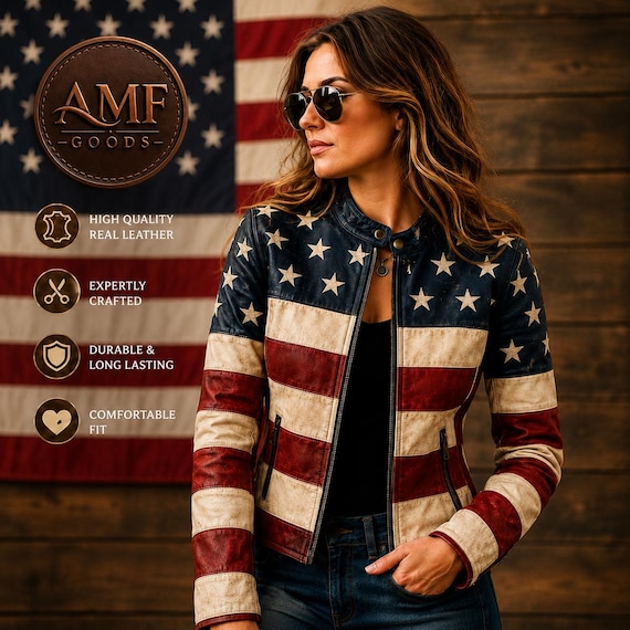 American Flag Women Leather Jacket, Vintage Biker Coat, Real Leather Handmade Style