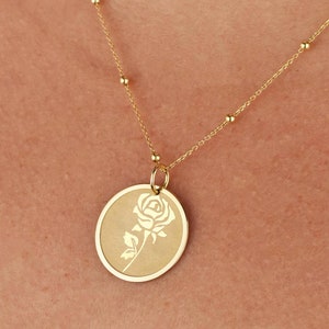 14K Solid Gold Rose Flower Necklace, Gold Coin Rose Pendant, Personalized Flower Jewelry,  Engraved Rose Flower Charm, Birthflower Gift