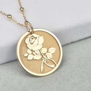 14K Gold Rose Necklace, Rose Disc Pendant, Anniversary Gift, Flower of Love Jewelry, Engraved Rose Charm, Birth Flower Pendant For Women