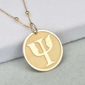 Colgante con símbolo de psicología en oro de 14 quilates, collar con la letra griega Psi, regalo de psicólogo, joyería de psiquiatra, collar de graduación, dije de moneda Psi