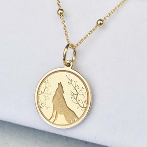Howling Wolf Pendant, Gold Plated Wolf Necklace, Personalized Animal Jewelry, Wolf Charm, Engraved Wild Wolf Pendant, Wolf Coin Necklace