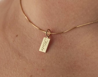 14K Solid Gold Personalized Bar Tag Pendant, Dainty Tiny Tag Necklace, Gold Name Jewelry. Engraved Letter Charm, Custom Bar Tag Necklace