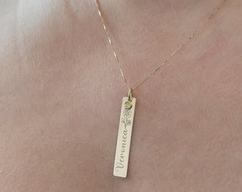 14K Solid Gold Birth Flower Necklace: Engraved Vertical Bar Pendant