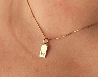 14K Solid Gold Bar Tag Necklace, Dainty Initial Tag Pendant, Personalized Engraved Letter Jewelry, Minimalist Bar Charm, Gold Tag Necklace