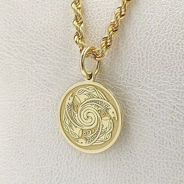 14K Solid Real Gold Celtic Fish Pendant, Engraved Fish Necklace, Celtic Knot Jewelry, Celtic Fish Charm, Celtic Salmon of Knowledge Pendant