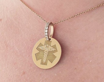 14K Moissanite Medic Pendant, Pharmacy Necklace, Personalized Medical Alert Jewelry, Nurse Charm, Gold Coin Medic Jewelry, Doctor Pendant