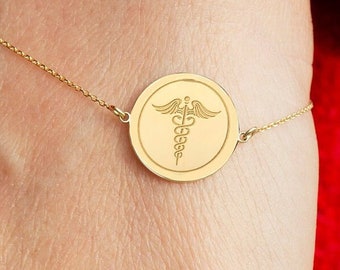 14K Solid Gold Medic Disc Bracelet, Caduceus Symbol Bracelet, Allergy Information Jewelry, Rod of Asclepius Bracelet, Doctor Bracelet Gift