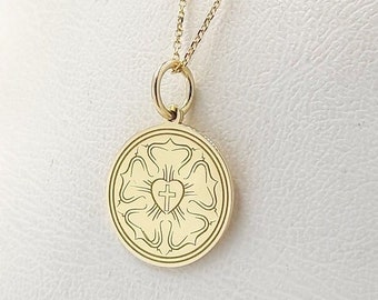 9K Solid Gold Luther Rose Pendant, Gold Religious Rose Coin Necklace, Lutheran Jewelry, Luther Seal Charm, Personalized Christian Necklace