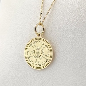 9K Solid Gold Luther Rose Pendant, Gold Religious Rose Coin Necklace, Lutheran Jewelry, Luther Seal Charm, Personalized Christian Necklace
