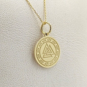 9K Solid Gold Disc Valknut Necklace, Engraved Viking Pendant, Norse Charm, Ancient Gold Jewelry, Pagan Pendant, Dainty Slavic Necklace