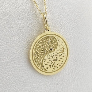 Gold Plated Yin Yang Sun Moon Necklace, Dainty Nature Pendant, Sun Moon Jewelry, Yin Yang Sea and Mountain Charm, Silver Yin Yang Necklace