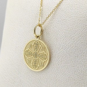 9K Massivgold Kreuzanhänger, GoldscheibeIC XC NIKA Halskette, personalisierter religiöser Schmuck, Konstantinmünzenanhänger, griechisch kyrillische Halskette