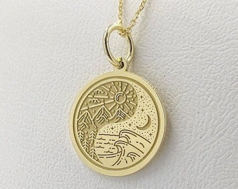 9K Solid Gold Yin Yang Nature Pendant, Gold Sun Moon Round Necklace, Yin Yang Sea and Mountain Jewelry, Yin Yang Charm, Sun Moon Pendant