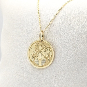 9K Gold Yin Yang Necklace: Engraved Nature Pendant, Sun Moon Charm