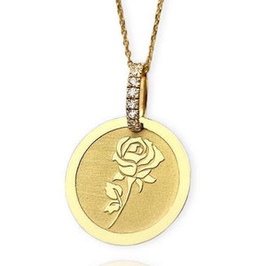 14Κ Moissanite Rose Necklace, Flower Pendant, Personalized Rose Jewelry, Engraved Rose Flower Necklace, Rose Coin Pendant, Rose Charm