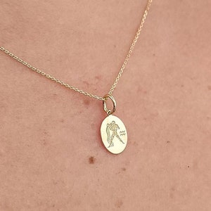 14K Solid Gold Aquarius Necklace, Gold Oval Zodiac Sign Pendant, Personalized Zodiac Jewelry, Astrology Sign Charm, Aquarius Zodiac Pendant