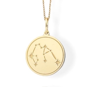 9K Solid Gold Aquarius Necklace: Engraved Star Sign Zodiac Charm