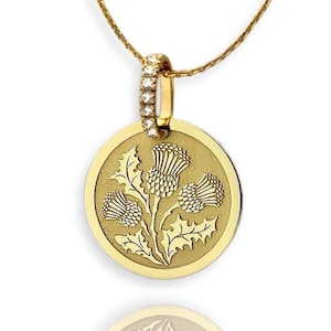 14Κ Moissanite Thistle Necklace, Solid Gold Scottish Jewelry, Personalized Symbolic Scottish Celtic Charm, Thistle Flower Pendant