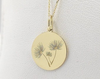 14K Real Solid Gold Dandelion Jewelry, Dainty Dandelion Flower Coin Pendant, Personalized Nature Flower Disc Necklace, 14K Gold Flower Charm