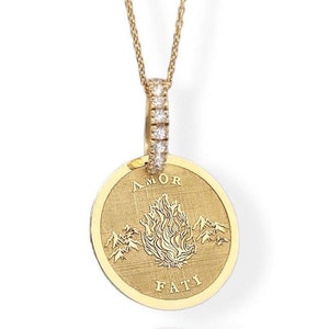 14K Moissanit Amor Fati Halskette, Memento Mori Anhänger, personalisierte Stoizismus Schmuck, Liebe des Schicksals Charme, Goldmünze Philosophie Halskette