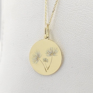 14K Real Solid Gold Dandelion Jewelry, Dainty Dandelion Flower Coin Pendant, Personalized Nature Flower Disc Necklace, 14K Gold Flower Charm
