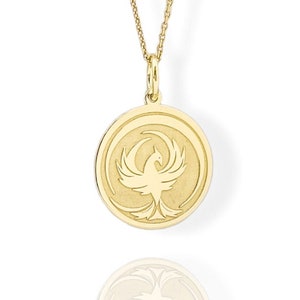 9K Solid Gold Phoenix Pendant Necklace: Engraved Mythology Bird Jewelry