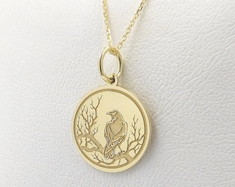 14K Solid Gold Raven Necklace, Crow Bird Pendant, Personalized Bird Jewelry, Crow Disc Charm, Engraved Raven Bird Pendant, Dainty Necklace