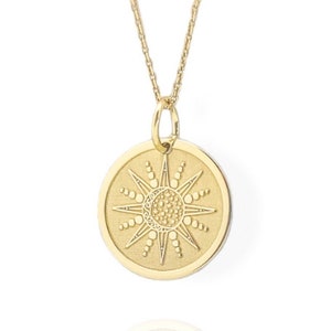 9K Solid Gold Celestial Pendant, Gold Sun Moon Disc Necklace, Personalized Astrology Jewelry, Engraved Crescent Moon Necklace, Sun Charm
