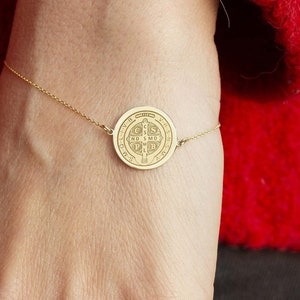 14K Solid Gold Saint Benedict Bracelet, Protection Coin Bracelet, Personalized Religious Jewelry, Religious Bracelet, Gold St Benedict Charm
