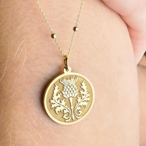 Scottish Thislte Pendant, 14K Gold Thistle Necklace, Personalized Symbolic Flower Jewelry, Celtic Charm, Celtic Flower Thistle Disc Necklace