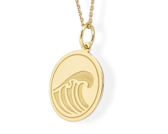 14K Real Solid Gold Wave Pendant, Gold Ocean Wave Coin Necklace, Personalized Ocean Wave Jewelry, Engraved Beach Wave Disc Necklace