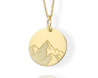 Collier de montagne en or massif 9K, bijoux personnalisés en disque de montagne, pendentif nature délicat, cadeau d’amoureux de l’aventure, charme de pièce de montagne en or