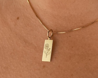14K Solid Gold Birthflower Tag Necklace, Gold Bar Tag Pendant, Engraved Birthflower Jewelry, Dainty Flower Charm, Gold Birth Month Necklace