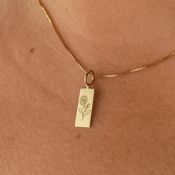 14K Solid Gold Birthflower Necklace: Engraved Flower Charm Pendant