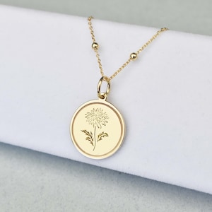 14K Solid Gold Birth Flower Pendant, Chrysanthemum Coin Necklace, Birthmonth Jewelry, November Birthflower Charm, Birthdsy Gift for Women