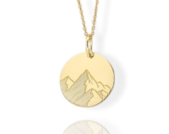 14K Solid Gold Mountain Pendant, Engraved Mountain Necklace, Personalized Mountain Jewelry, Gold Coin Wanderlust Charm, Nature Necklace