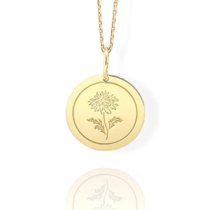14K Solid Gold Chrysanthemum Birthflower Necklace, Gold Birth Month Pendant, November Birthflower Jewelry, Personalized Chrysanthemum Charm