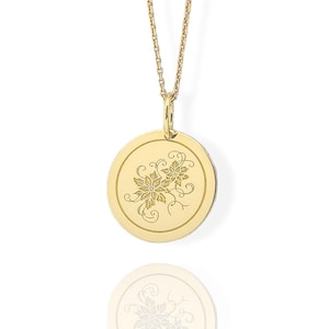14K Solid Gold Poinsettia Birthflower Necklace, Gold Coin Christmas Flower Jewelry, December Birthflower Pendant, Poinsettia Flower Charm