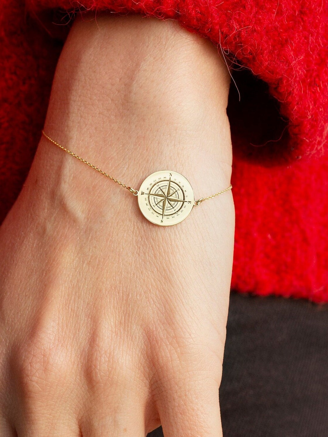 14K Solid Gold Compass Disc Bracelet, Gold Nautical Jewelry, Engraved