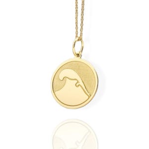 14K Solid Gold Wave Pendant, Gold Ocean Necklace, Personalized Ocean Waves Jewelry, Dainty Sea Charm, Gold Coin Beach Wave Necklace