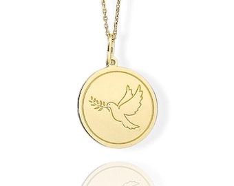 14K Solid Gold Dove Necklace: Round Bird Pendant, Personalized Jewelry