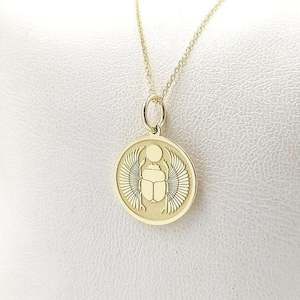 14K Solid Gold Egyptian Scarab Necklace, Personalized Egyptian Jewelry, Gold Scarab Disc Pendant, Egyptian Beetle Charm, Gold Scarab Pendant