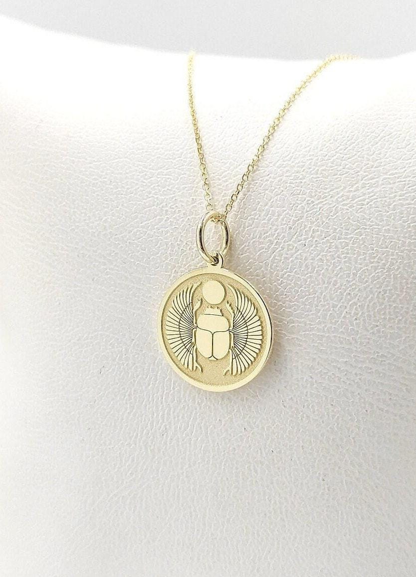 14K Solid Gold Egyptian Scarab Necklace, Personalized Egyptian Jewelry, Gold Scarab Disc Pendant, Egyptian Beetle Charm, Gold Scarab Pendant