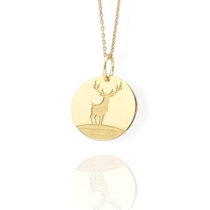 14K Solid Gold Wild Deer Necklace, Personalized Animal Jewelry, Gold Round Wild Deer Pendant, Dainty Nature Charm, Hunter Gift Necklace