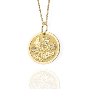 14K Solid Gold Thistle Necklace, Gold Round Scottish Thistle Pendant, Symbolic Scottish Celtic Jewelry, Personalized Scottish Thistle Charm