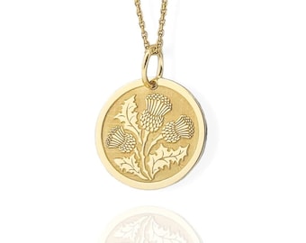 14K Solid Gold Thistle Necklace, Gold Round Scottish Thistle Pendant, Symbolic Scottish Celtic Jewelry, Personalized Scottish Thistle Charm
