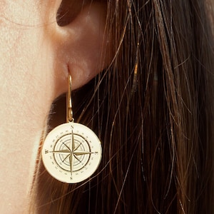 14K Solid Gold Compass Earrings, Gold Disc Navigation Earring, Personalized Compass Jewelry, Traveler Gift, Engraved Compass Disc Earring