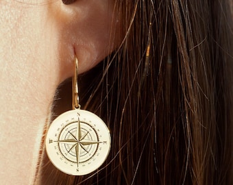 14K Solid Gold Compass Earrings, Gold Disc Navigation Earring, Personalized Compass Jewelry, Traveler Gift, Engraved Compass Disc Earring