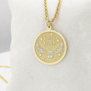14K Solid Gold Wizard Flying Necklace, I'm A Catch Pendant, Catch Jewelry, Wizard Flying Charm, Potter Charm, Snitch Necklace, Gift For Him