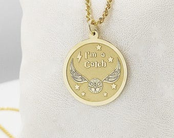 Collar de Snitch de oro macizo de 14 quilates: colgante con dije de mago volador